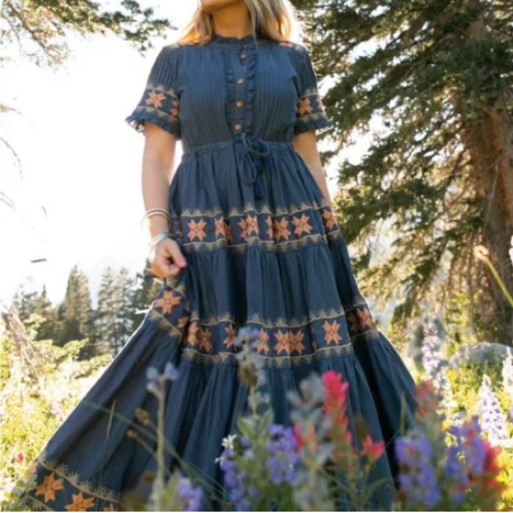Ivy City Co Capri Blue & Floral Embroidered Dress Size Large New